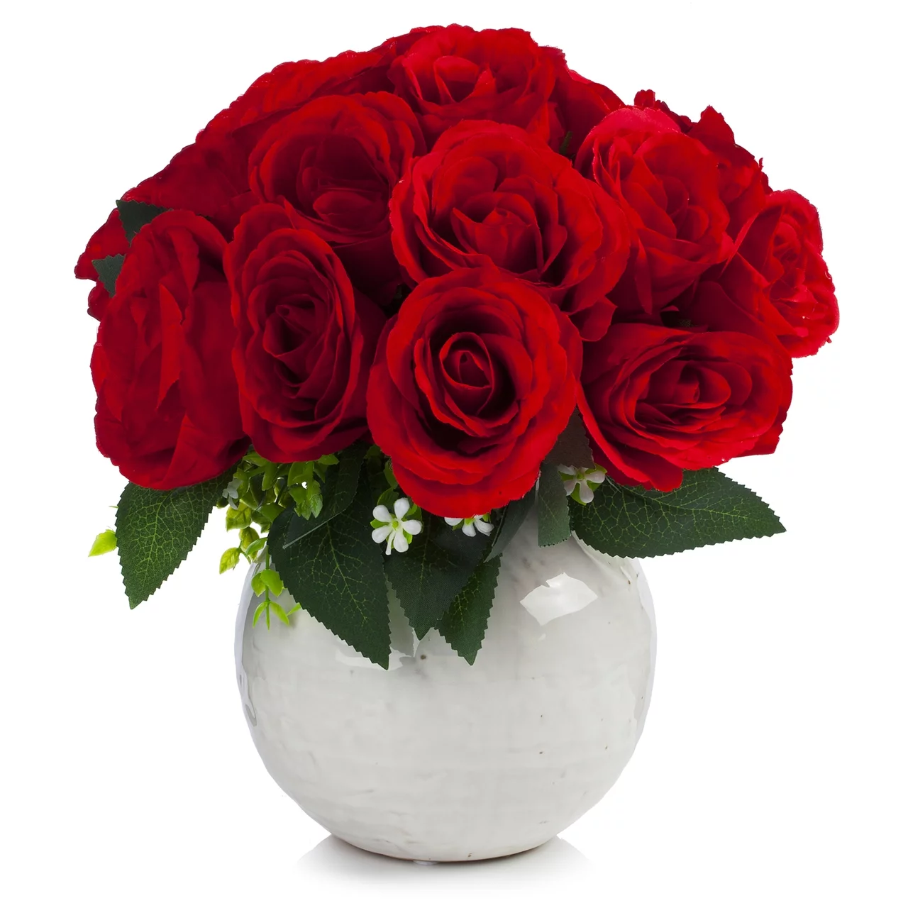 Enova Home 18 Heads Artificial Silk Roses Faux Flowers Arrangement in Round Tapered Ceramic Pot for Home Office Wedding Decor (Red)