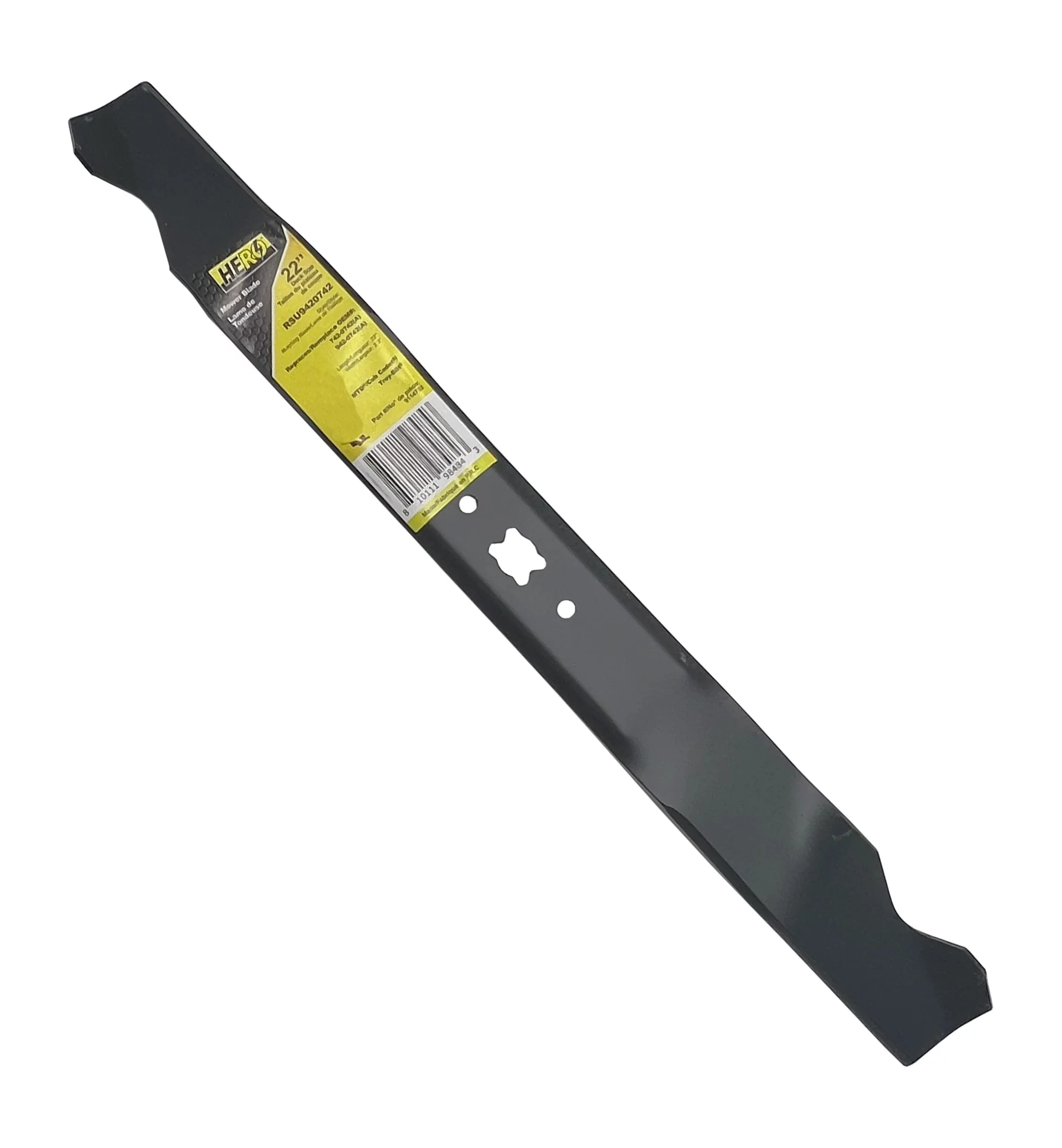 HERO® Mulching Mower Blade For MTD Cub Cadet Troy-Bilt With 22 inch Deck 2.5 inch CtoC  59/64 inch x 11/16 inch Bow-Tie Center Hole Replaces 742-0742 942-0742