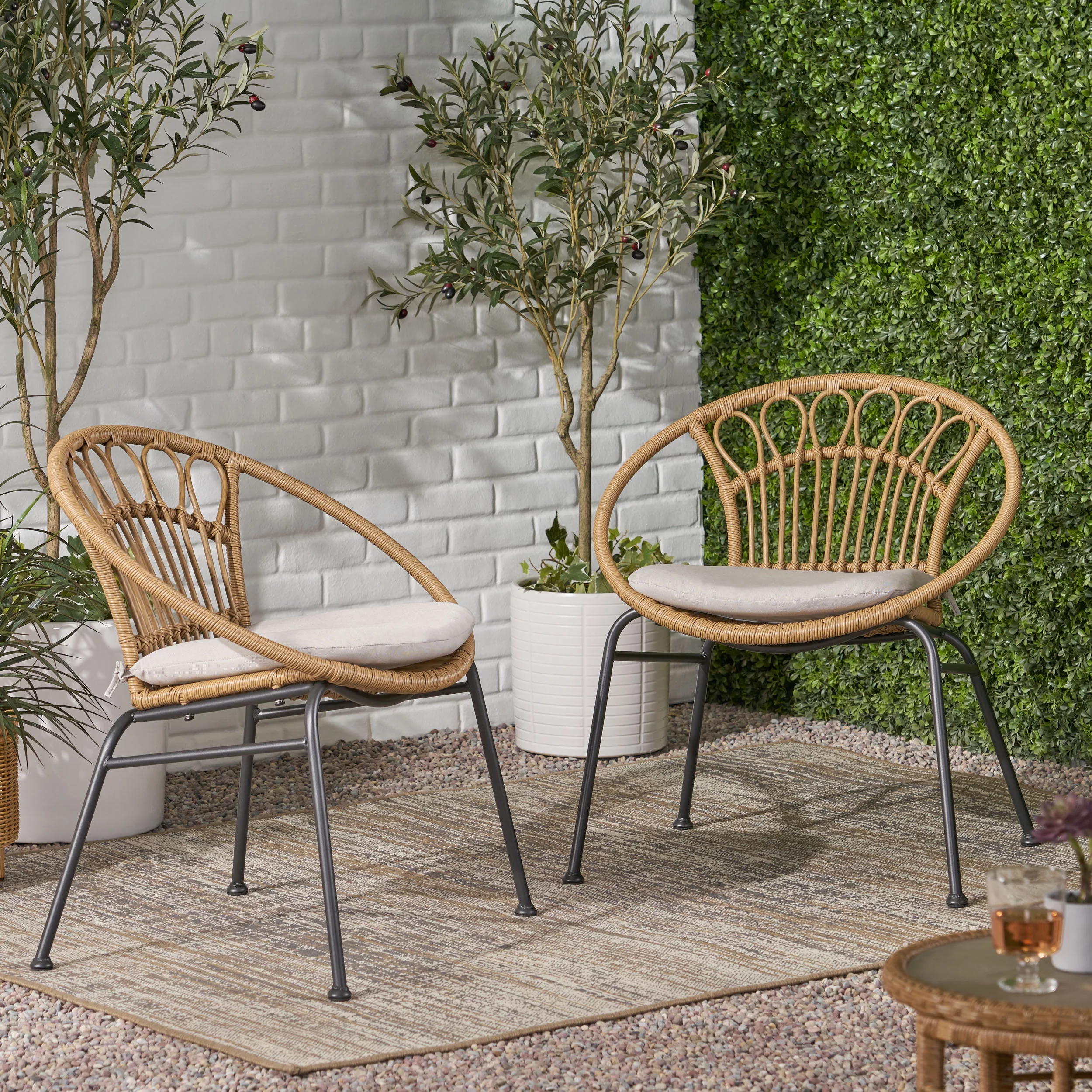 Beulah Outdoor Wicker Chair with Cushion, Set of 2, Light Brown, Beige, and Black