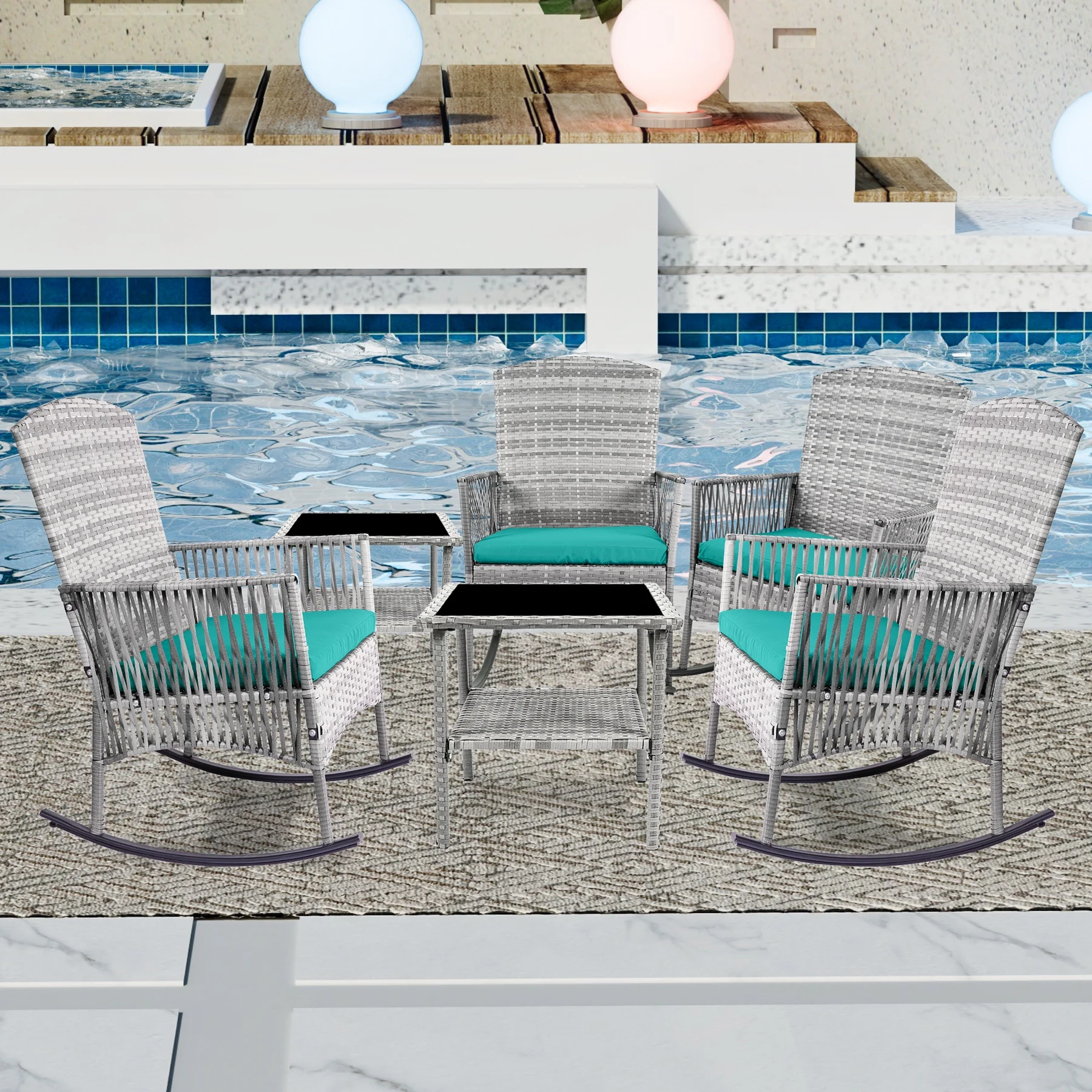 6 Piece Patio Conversation Set, Outdoor Rocking Chairs Set of 2 with Glass Top Coffee Table and Cushions for Porch Garden Backyard (Grey Rattan, Turquoise Cushion)