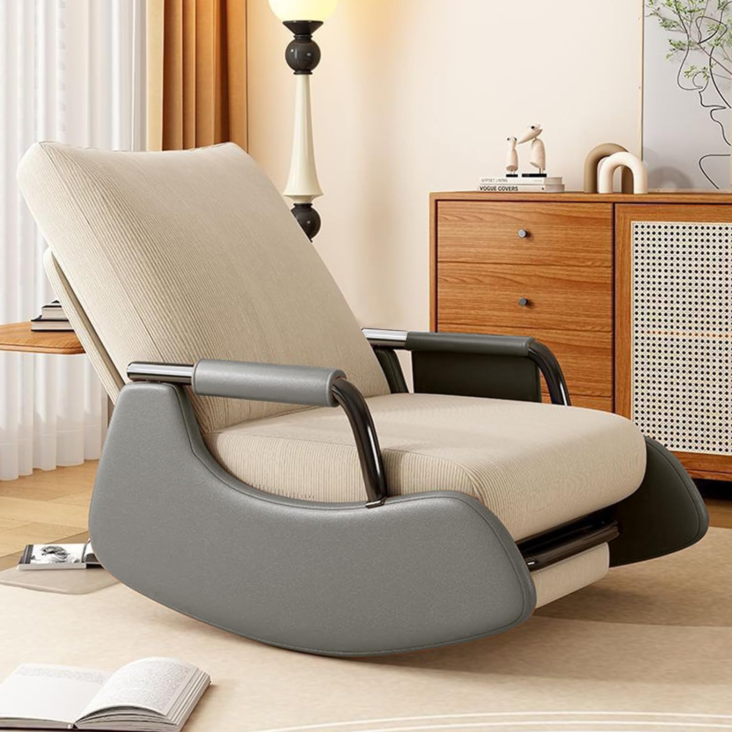 Foldable Rocking Chair with Foot Pads,Bedroom Backrest Chair, Living Room Reading Chair