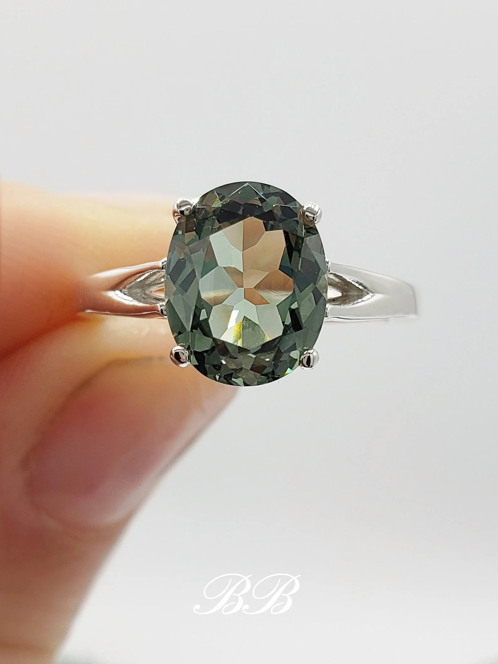 8x6mm - 10x8mm Lab Created Green Tourmaline Colored Spinel, Oval Cut, Solitaire Ring, Sterling Silve