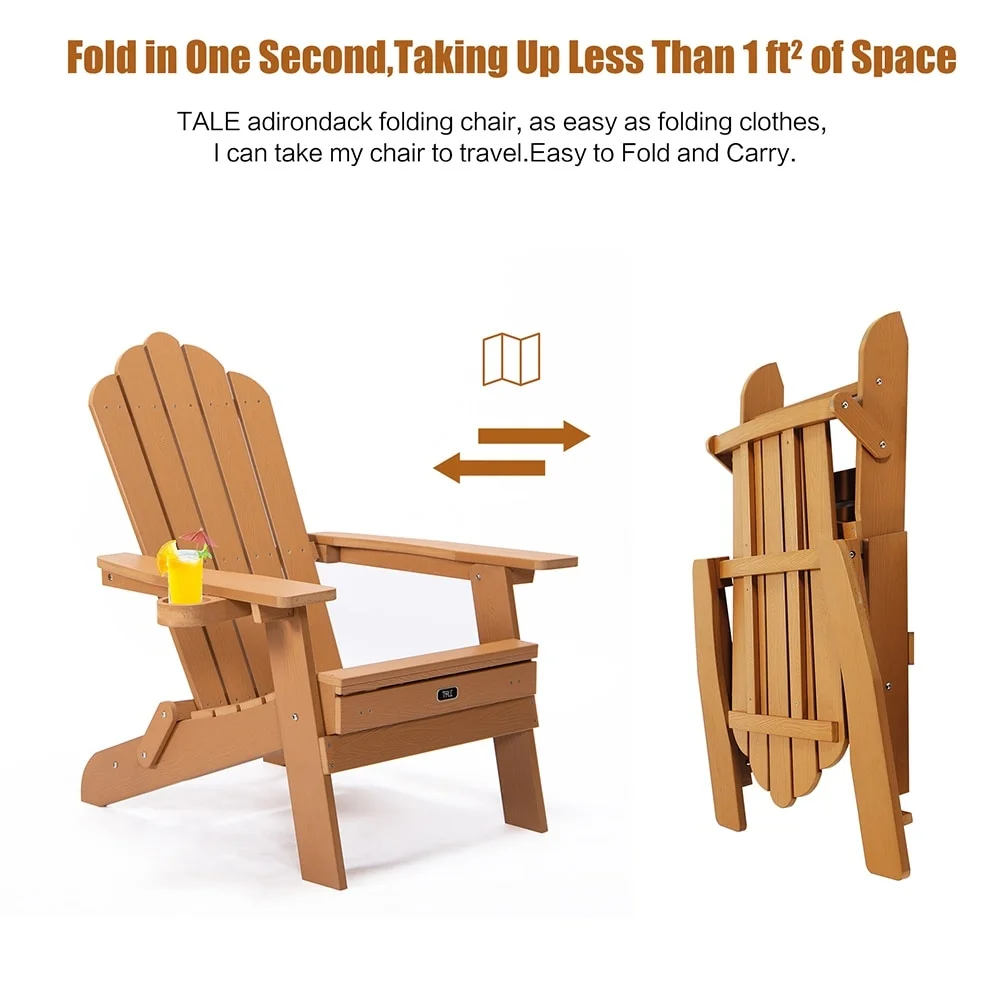 Foldable Adirondack Chair with Pullout Ottoman with Cup Holder Brown