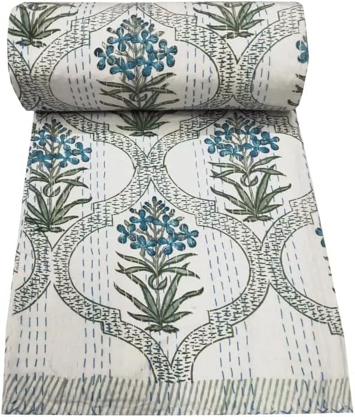 Indian Handmade Kantha Quilt Floral Print Bedding Bedspread Quilt Kantha Throw Pure Cotton Twin Size Blanket Bed Cover Gudri