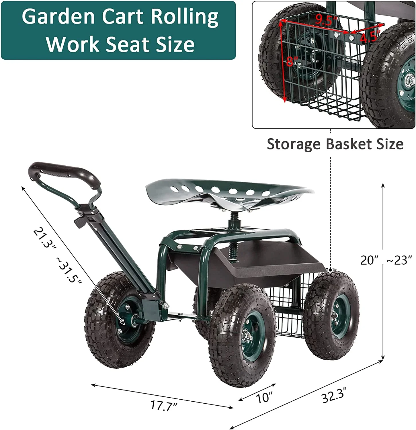 Gardening Workseat - Rolling Garden Cart Work Seat w/360 Degree Swivel Adjustable Seat, Storage Basket, Steering Handle, 4 Wheels, Garden Scooter for Planting