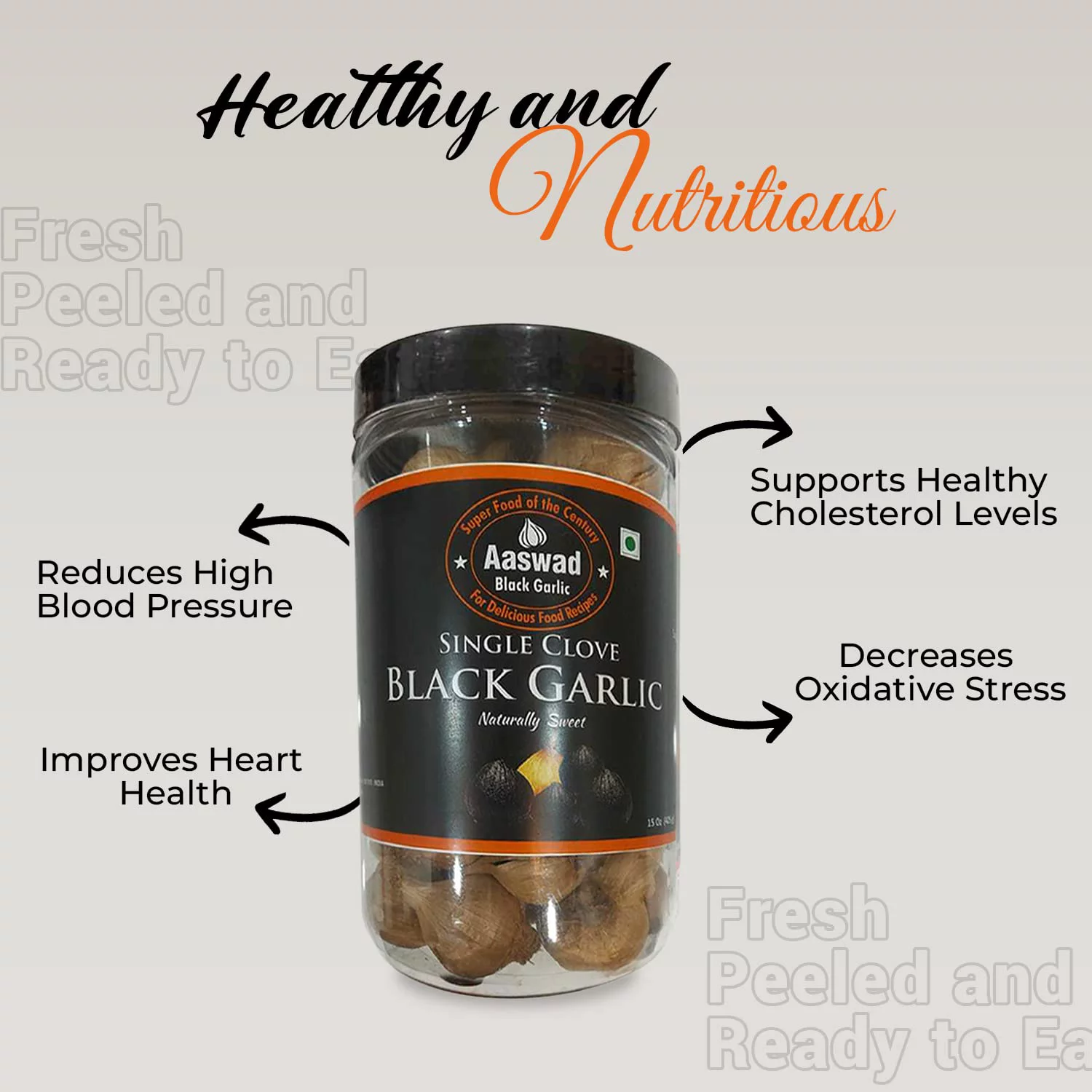 Single Clove Black Garlic 425 Grams /15 OZ Unpeeled Whole aged Garlic , by Aaswad Impex