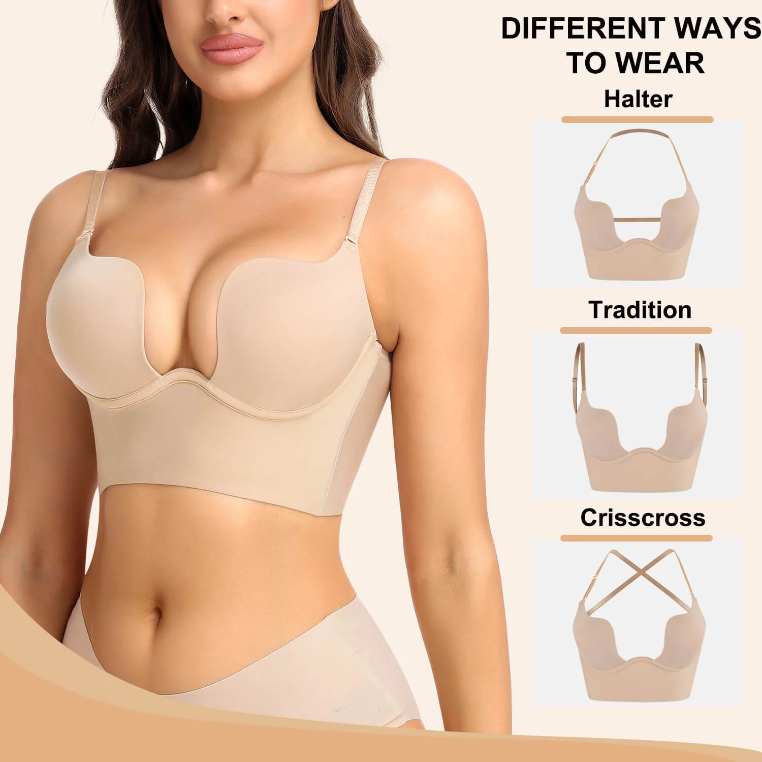 MANIFIQUE Women's Low Back Bra Wire Lifting Deep U Shaped Plunge Backless Bra with Convertible Clear Straps