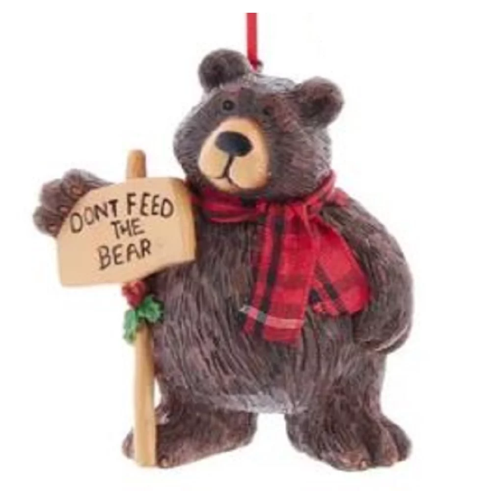 Lodge Brown Bear Holding Don't Feed the Bear Sign Christmas Tree Ornament