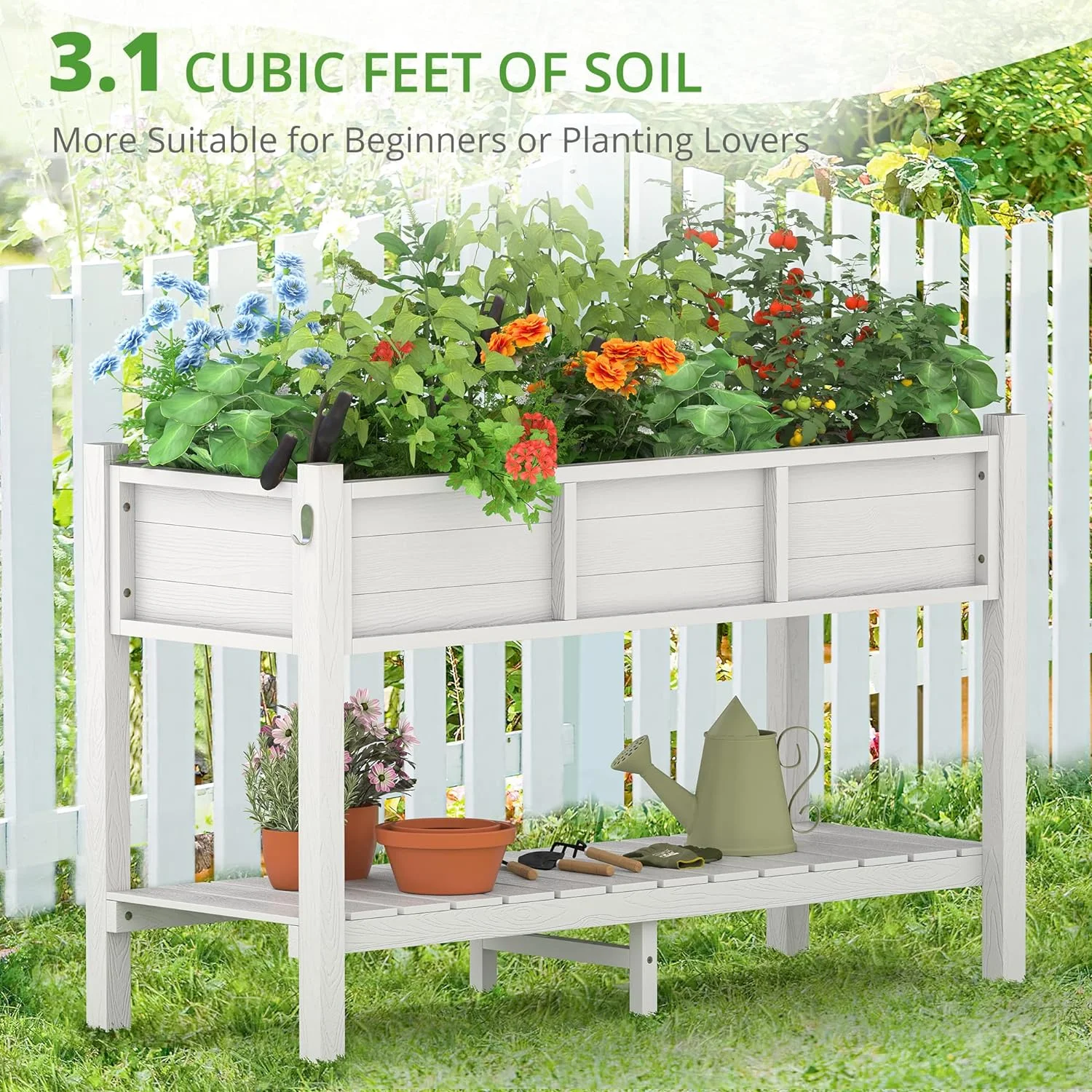 Poly Elevated Planter Box with Tools, 47x18x29 in, Weather Resistant
