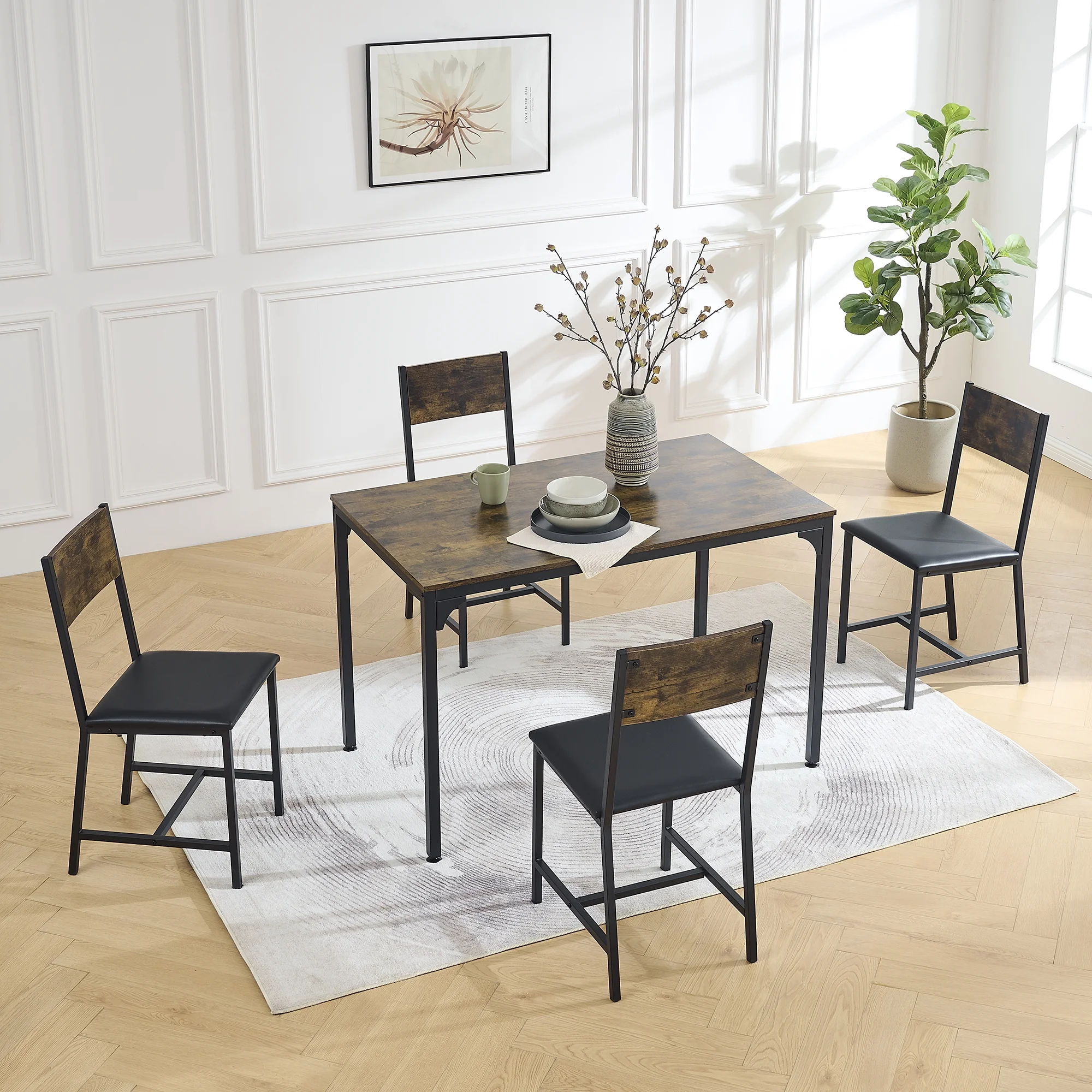 Modern 5-Piece Dining Room Set - Imitation Wood Table Board with Sturdy Metal Frame & Legs, Soft-Padded Armless Dining Chairs for Space Saving