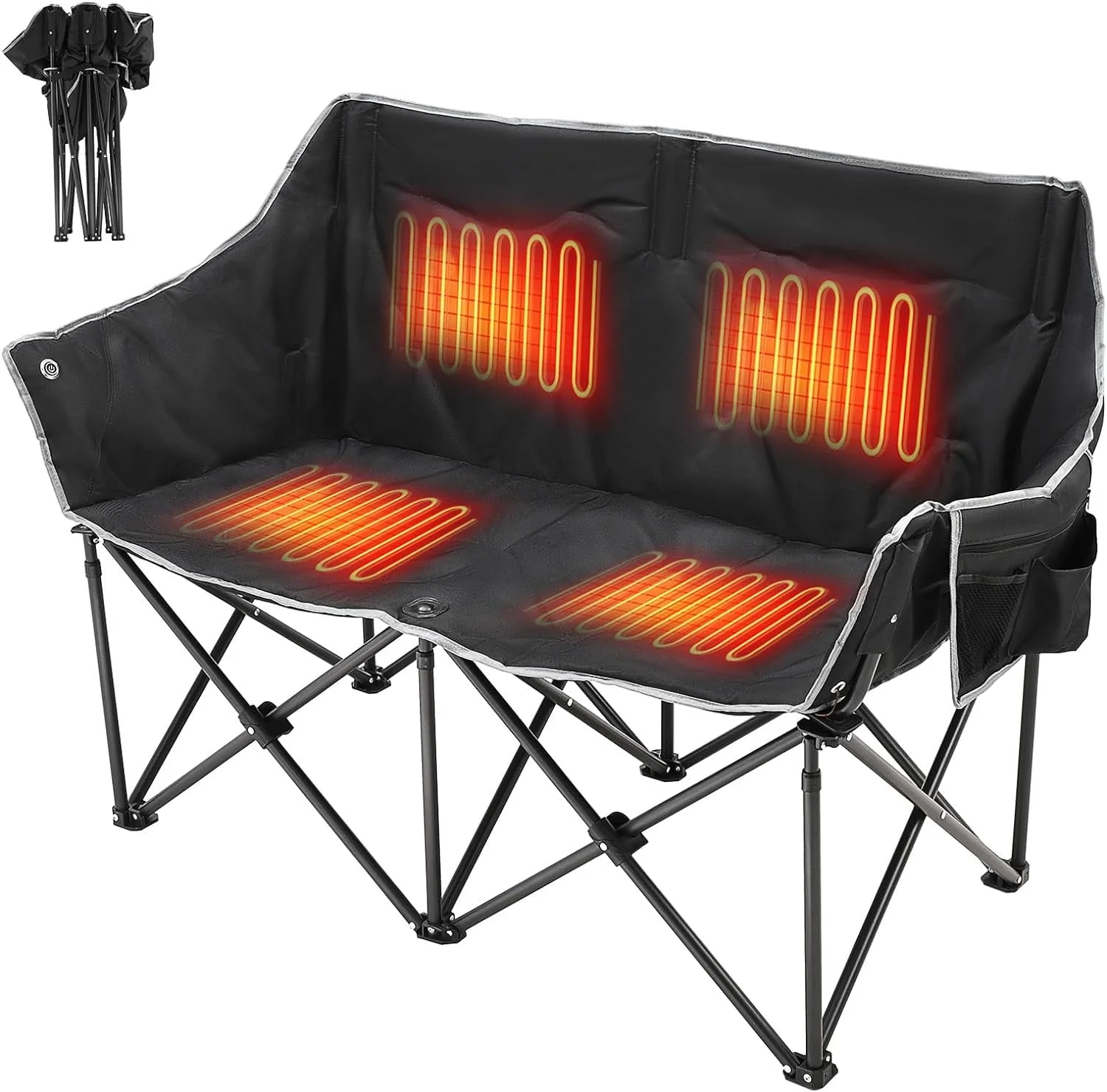 ABORON Heated Double Camping Chair, Folding Camping Loveseat Duo Chair for Adults, Padded Oversized Double Folding Chair, Heating Camping Bench Lawn Chairs Patio Lounge Chairs for Adults