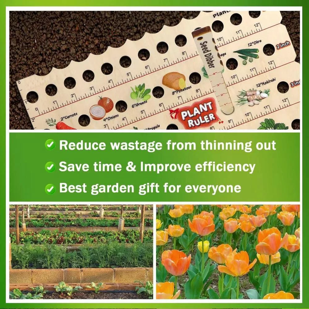 Wooden Plant Ruler with Seed Dibber. Multifunction Seed Spacing Ruler with Plant