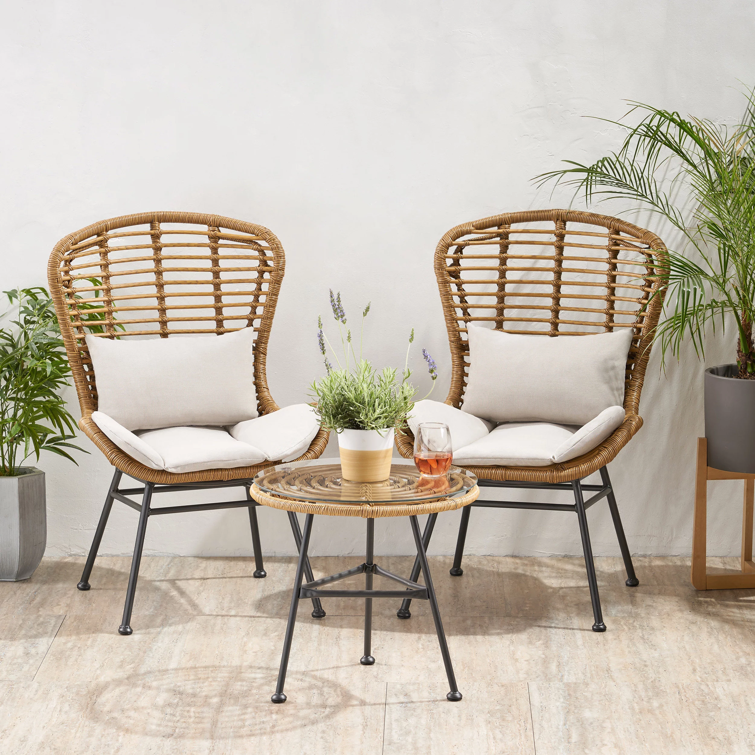 GDF Studio Alberta Habra Outdoor 2 Seater Wicker Chat Set, Light Brown and Beige