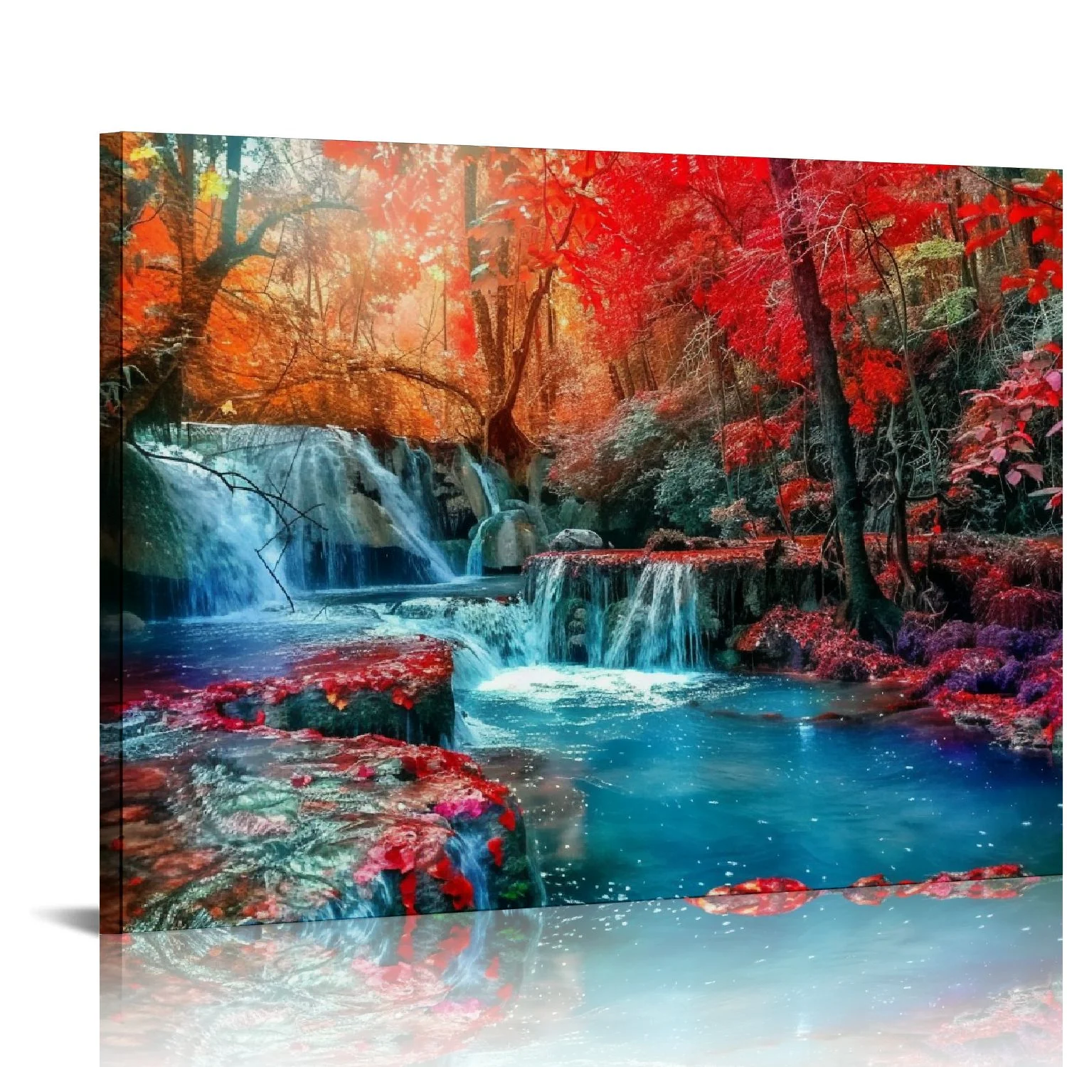 Nawypu  Wall Art Decor Canvas Print Picture Red Forest Waterfalls Modern Landscape Tree for Living Room Bedroom Kitchen Office Home Decorations Stretched and Framed Ready to Hang