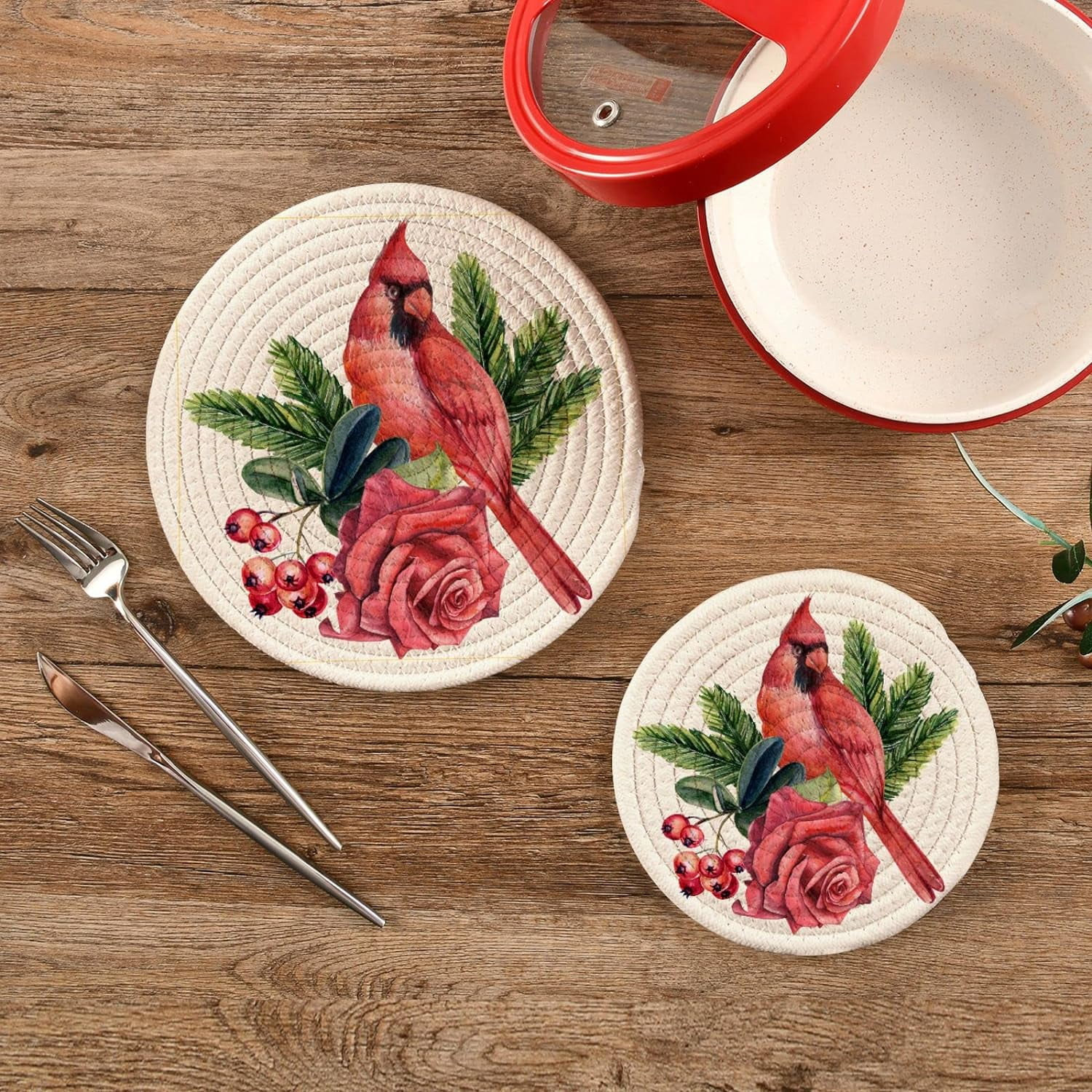 SKYSONIC 2 pcs Watercolor Bird Cardinal Pot Holders Trivets, Heat Resistant Trivets,Red Rose Berries Spruce Cotton Thread Weave Mats for Hot Pads Pans Pot Bowl Teapot