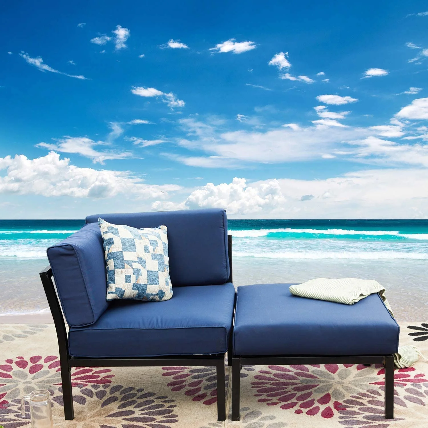 2 Piece Patio Furniture Set Sectional Balcony Corner Outdoor Loveseat Couch Armchiar Sofa with Ottoman Metal Steel Frame, Blue