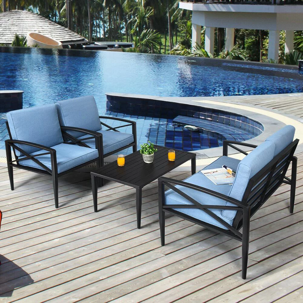 Blue 8PCS Patio Furniture Set Aluminum Frame Cushioned Sofa Chair Coffee Table