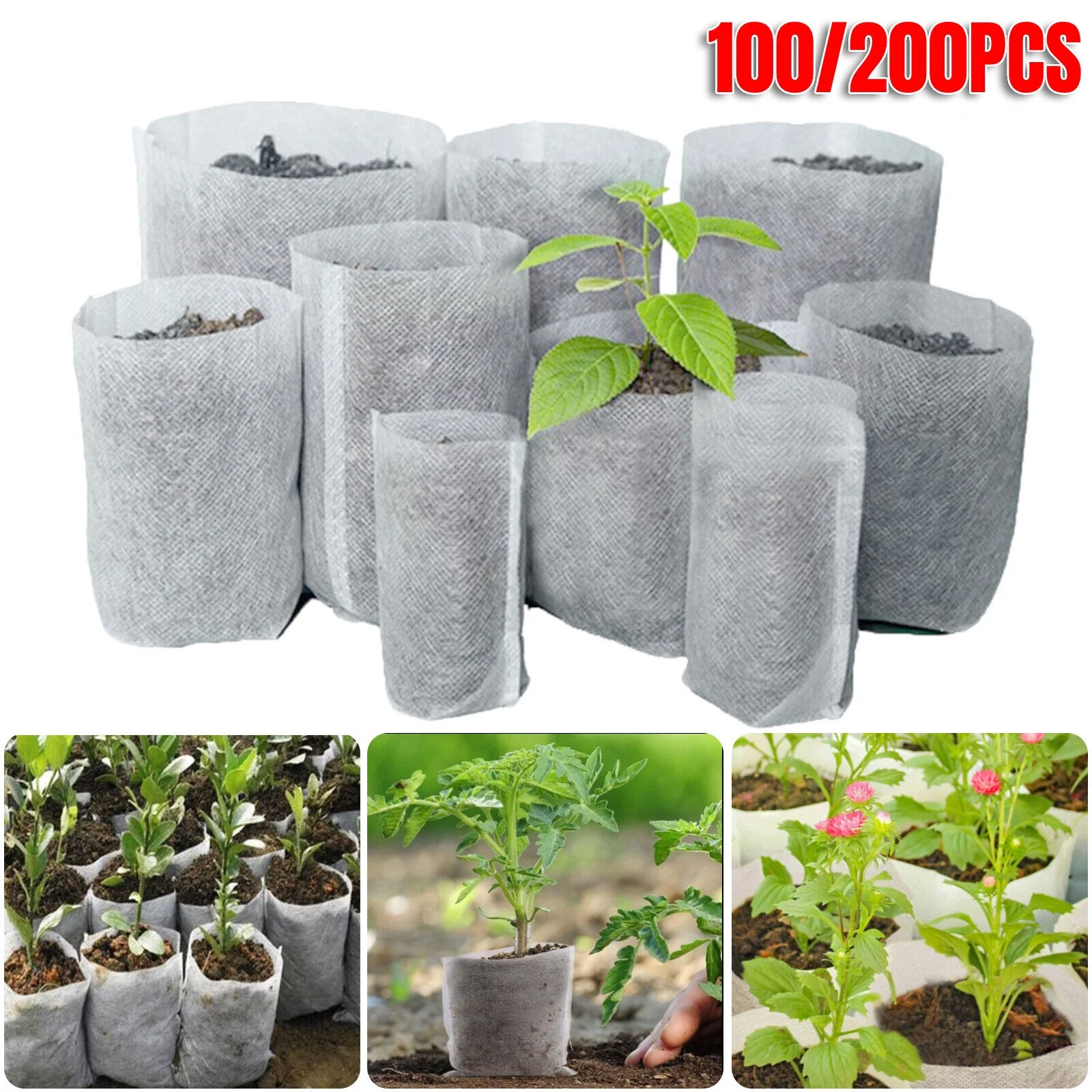 100/200PCS Biodegradable Non-Woven Nursery Bags Planting Grow Bags Seedling Pot