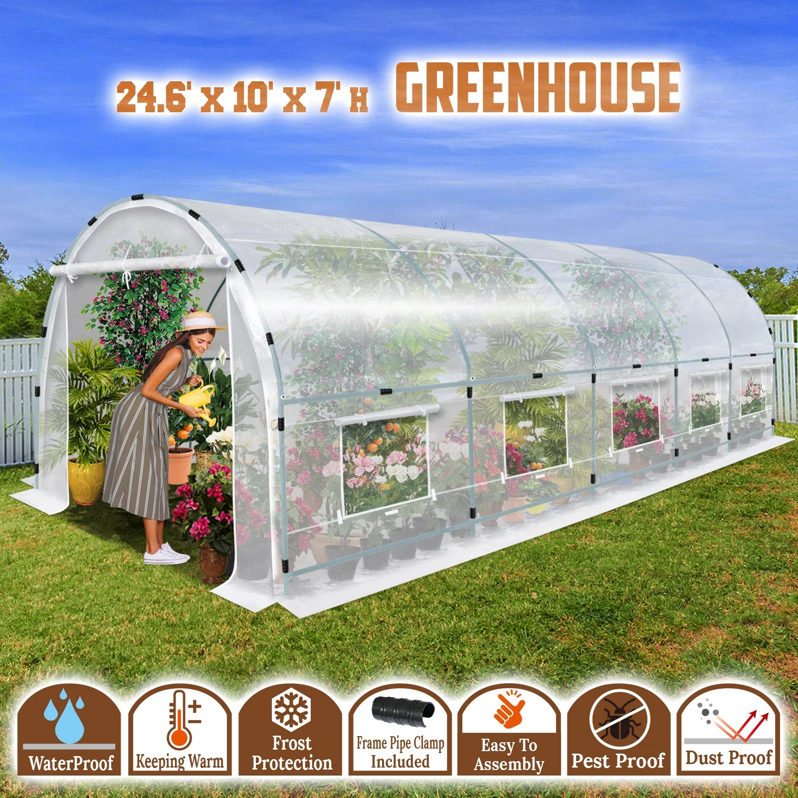 YardGrow Half Transparent Walk-in Plant Greenhouse Heavy Duty Garden Tunnel Tent with ABS Clamps