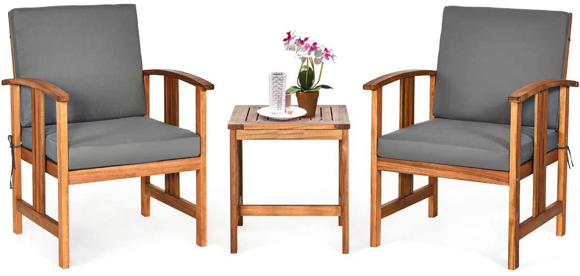 3 Pieces Patio  Set  Includes  Outdoor Acacia Wood Cushioned Chairs and Coffee Table  for Garden  Backyard  Poolside  Bistro and Deck  Patio Conversation Chat Set (Gray)