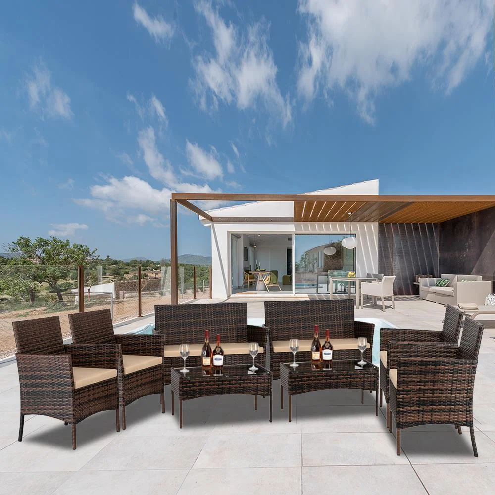 Set of 8 Patio Rattan Conversation Furniture Set Lawn Wicker Chair with Cushions