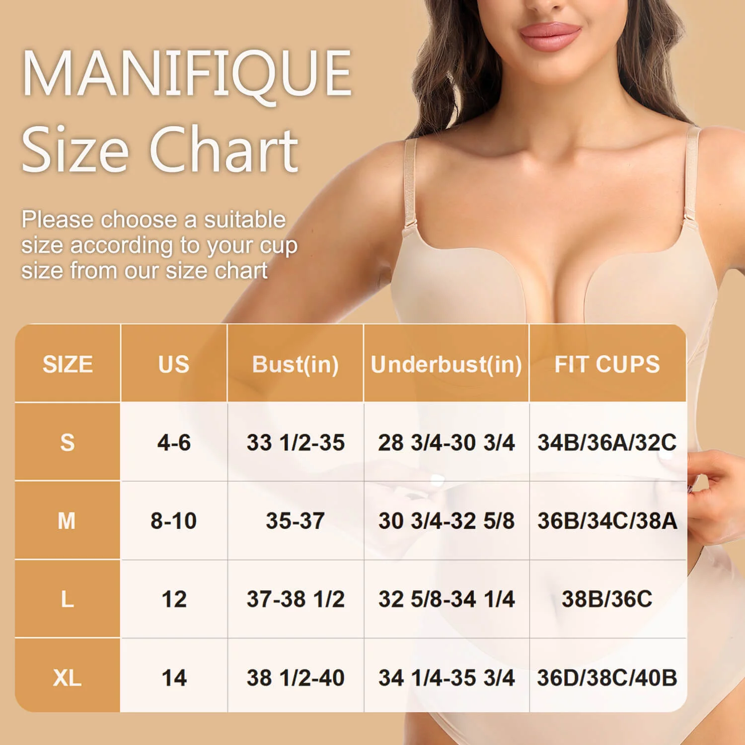 MANIFIQUE Women's Low Back Bra Wire Lifting Deep U Shaped Plunge Backless Bra with Convertible Clear Straps