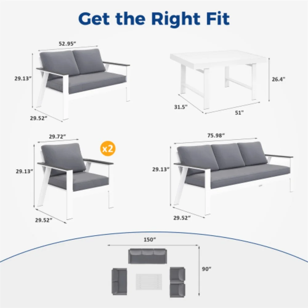 5 Piece Grey Outdoor Modern Sectional Sofa Patio Couch Set Furniture Aluminum With Coffee Table