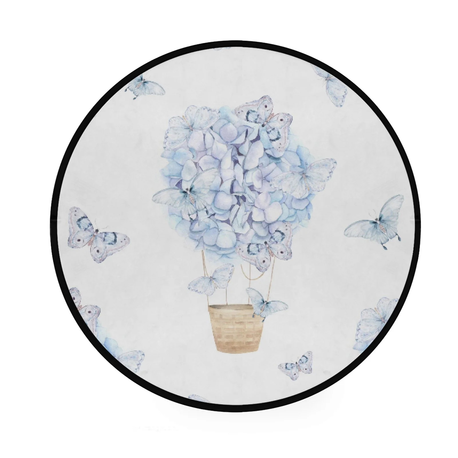 Coolnut Round Rugs for Living Room, Light Blue Hydrangea Butterfly Balloon Non-Slip Coral Velvet Long Runner Rugs, Washable Water Absorbent Mat Carpet for Bedroom Kitchen Kids Room