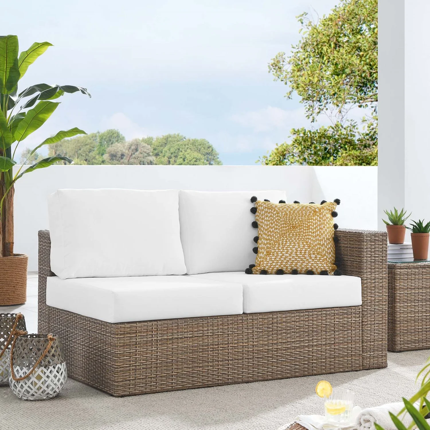 Lounge Loveseat Sofa, White, Rattan, Wicker, Outdoor Patio Balcony Cafe Bistro Garden Hospitality Restaurant, Modern Contemporary HB34591