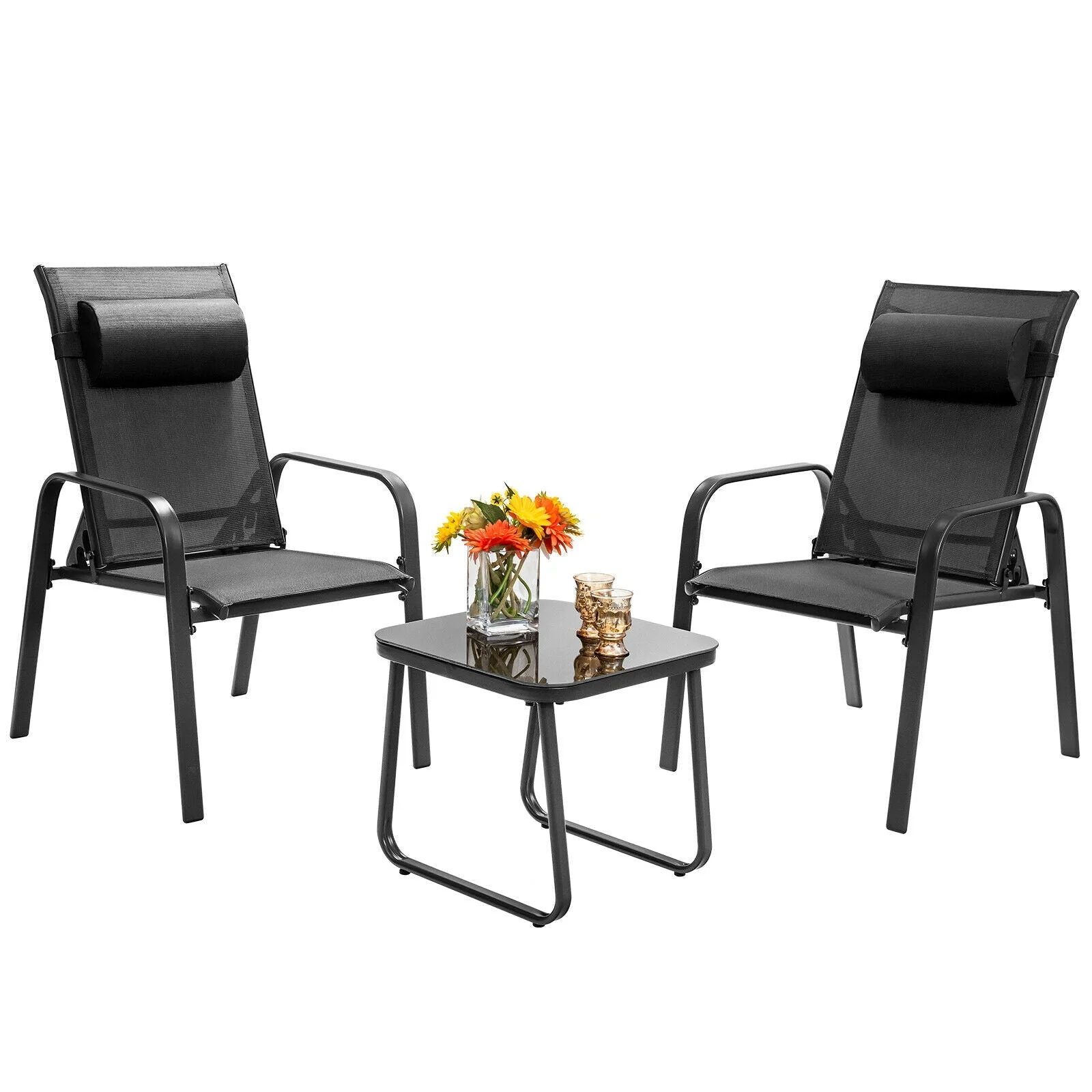 3PCS Patio Bistro Furniture Set Adjustable Back Stackable Chairs