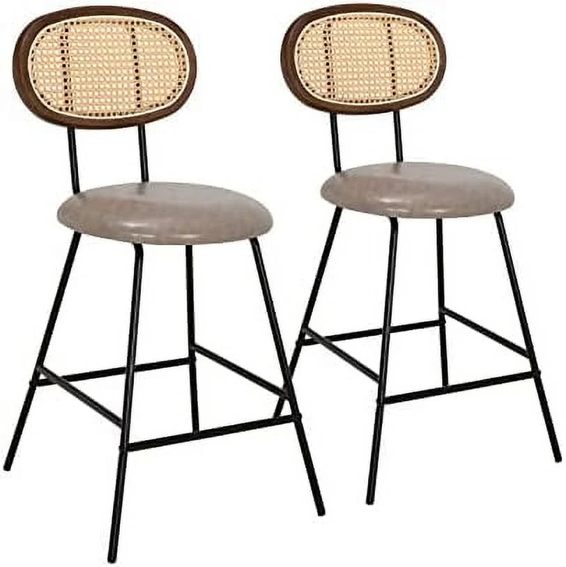 SQTYHBV Rattan  Stool  Counter Height  Stools  Indoor Leather  Stoolswith Metal Leg & Rattan Backrest  Armless Dining Room Chairs for Kitchens Island (Grey  )