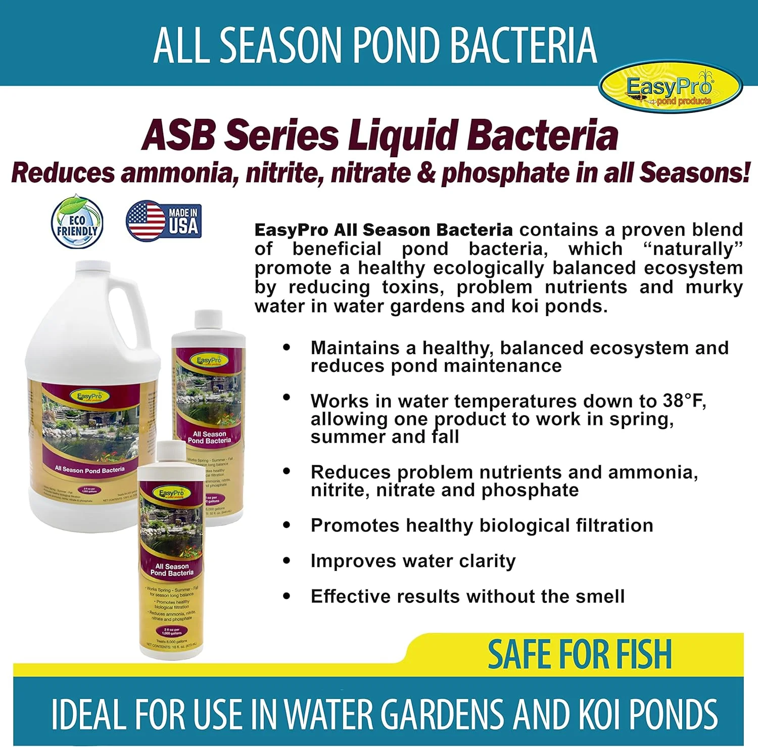 EasyPro ASB128 All Season Liquid Bacteria Contains a Proven Blend of Natural & Safe Beneficial Bacteria for Water Gardens and Koi Ponds | Naturally Promotes a Healthy Ecologically Balanced Ecosystem