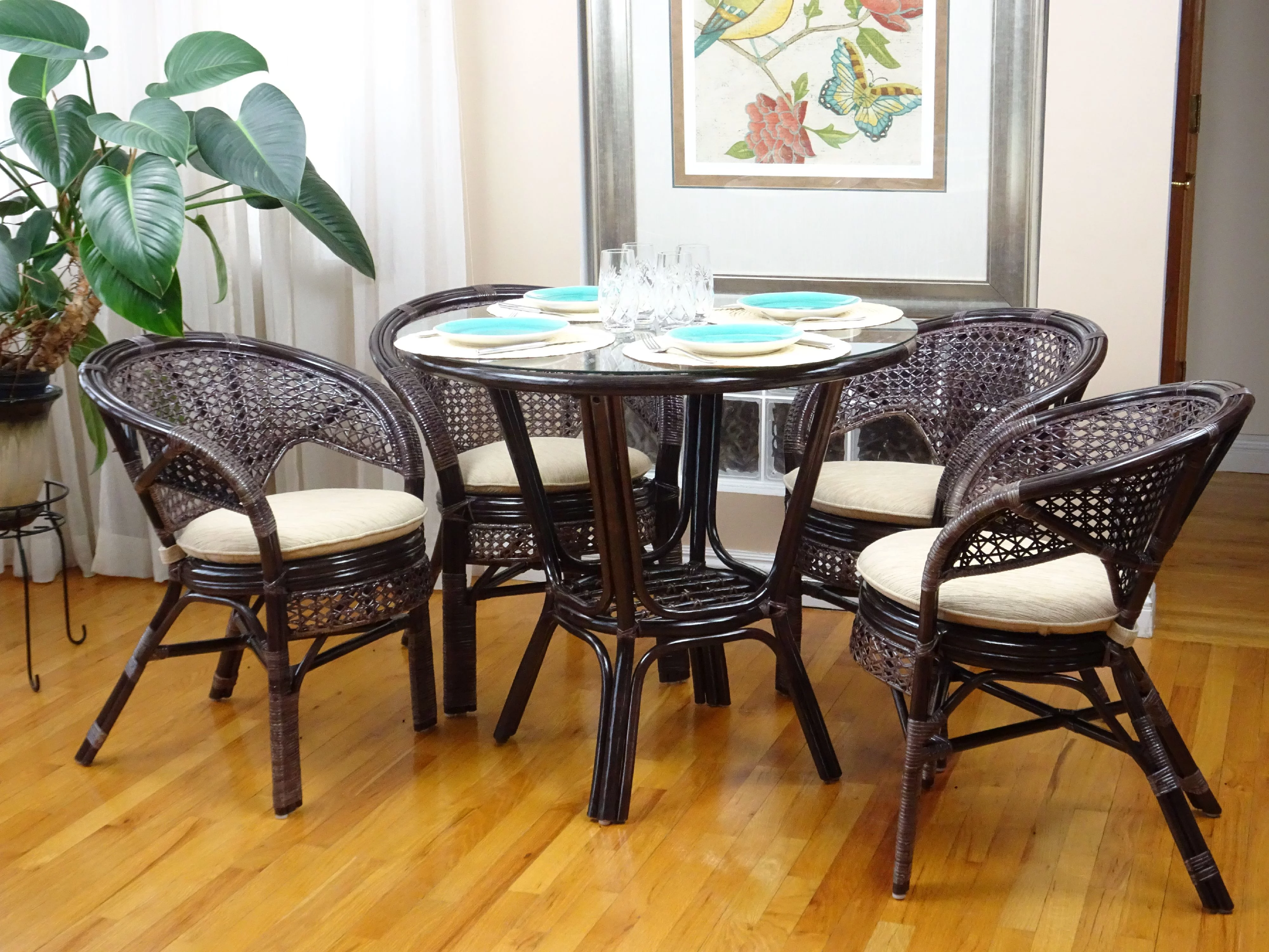 Set of 4 Pelangi Natural Rattan Wicker Dining Armchairs Handmade Design, Dark Brown