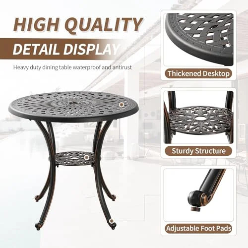 PATIO-IN Outdoor Table Patio Table Dining Table with Umbrella Hole, Round Bistro Table for Lawn Garden, All Weather Metal Black Patio Dining Table (31.5“, Round)