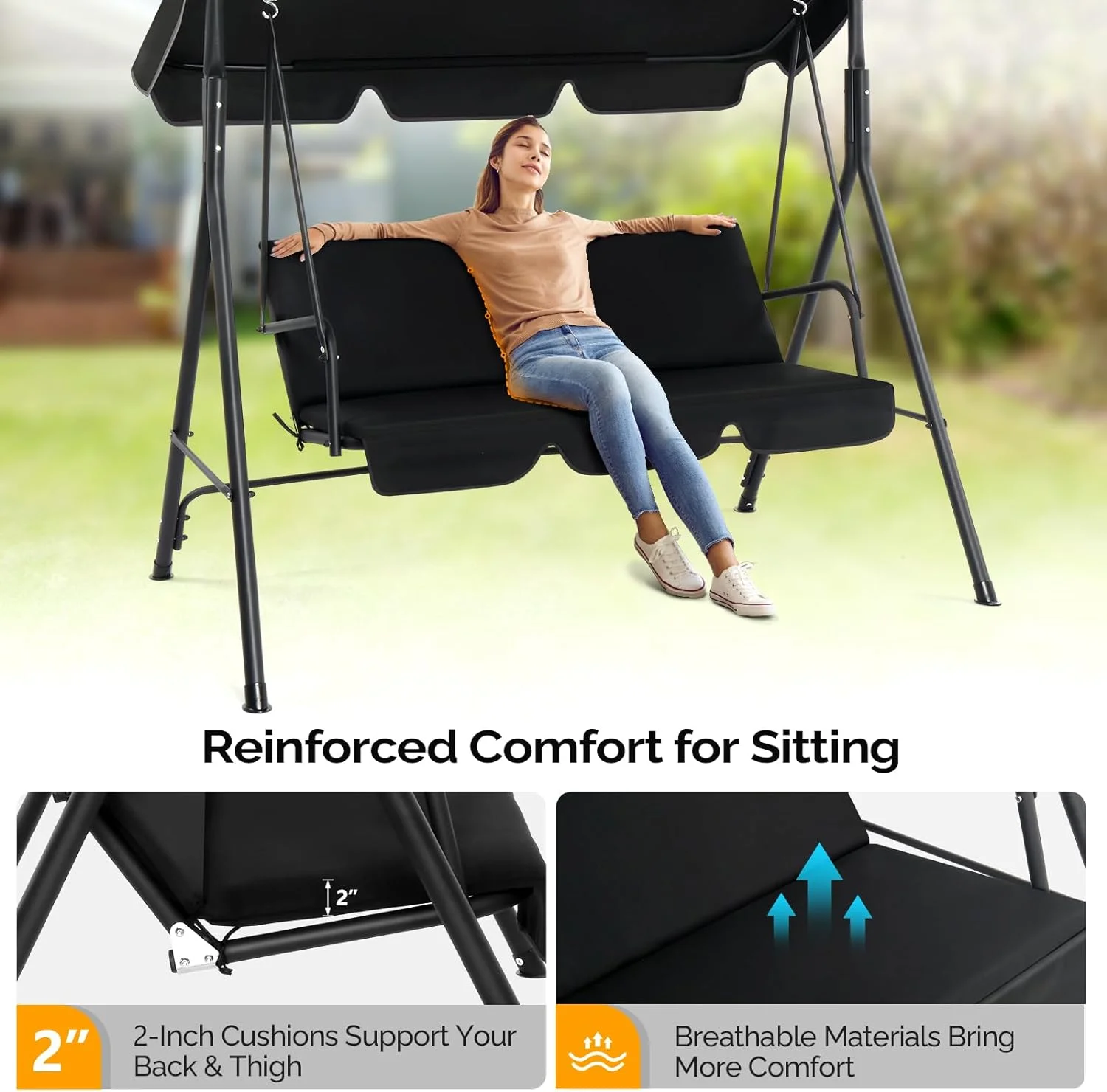 Upgraded Black Porch Swing: Heavy Duty 550 LBS, Adjustable Canopy, Steel Frame.