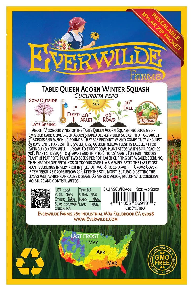 Everwilde Farms - 40 Table Queen Acorn Winter Squash Seeds - Gold Vault Jumbo Bulk Seed Packet