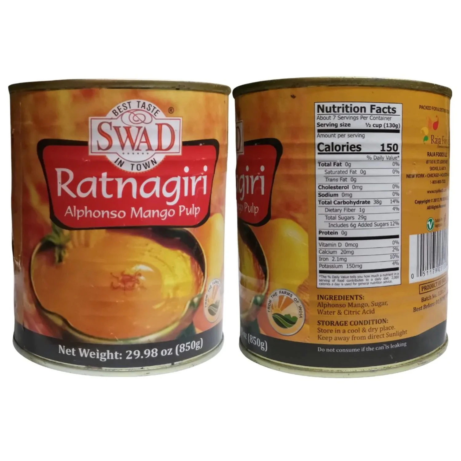Swad Ratnagiri Alphonso Mango Pulp 850g (Pack of 2)
