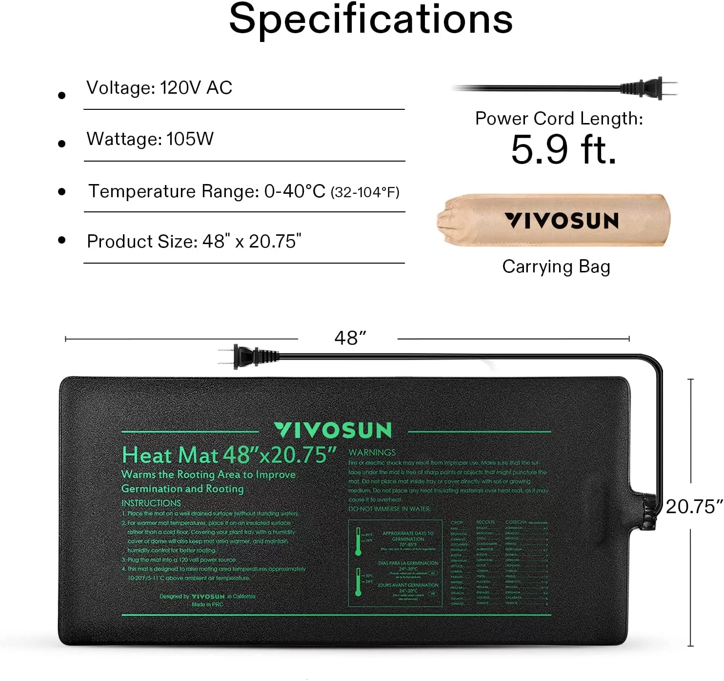 VIVOSUN Durable Waterproof Seedling Heat Mat Warm Hydroponic Heating Pad 48