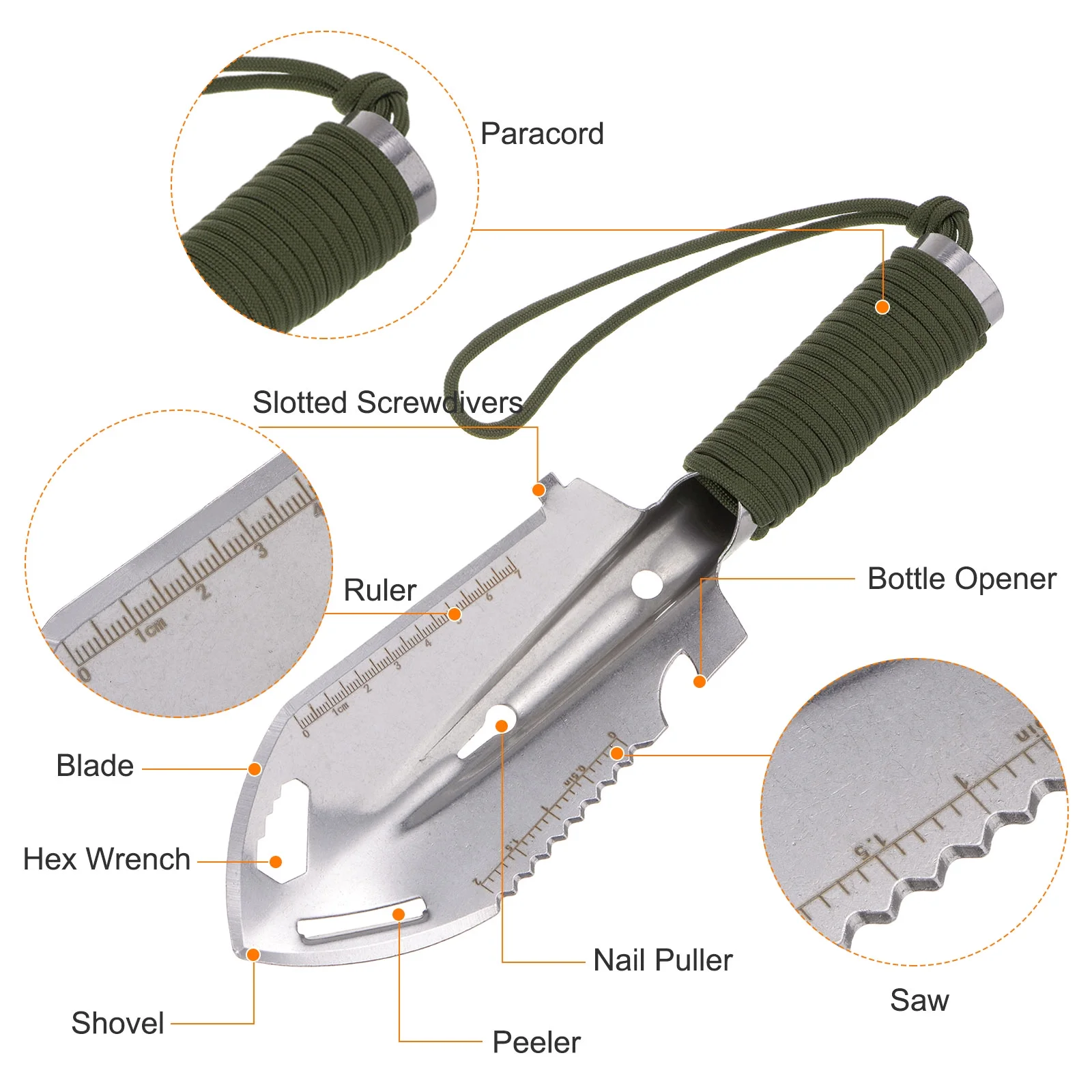 Uxcell Multifunctional Camping Shovel 9 in 1 Multi-Purpose Backpacking Shovels with Carrying Bag, Silver Green
