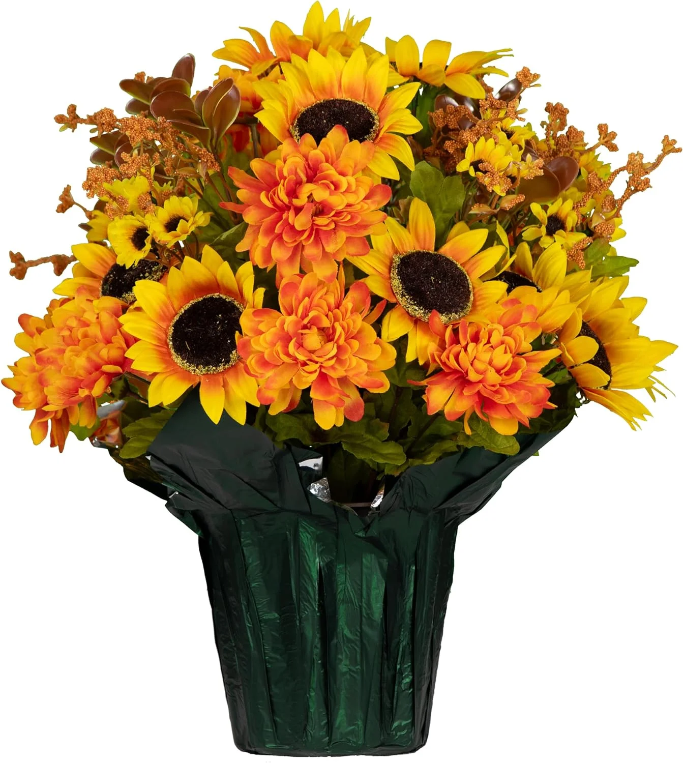 Fall Artificial Flowers - Grave Decoration - Home Décor - Flowers - Yellow Sunflowers And Amber Mums Bouquet Flowers In