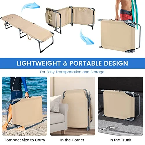 HAPPYGRILL Beach Lounge Chair with Face Hole, Outdoor Tanning Chair Sunbathing Chair with Adjustable Backrest Removable Pillow, Folding Recliner for Beach Pool Patio Backyard