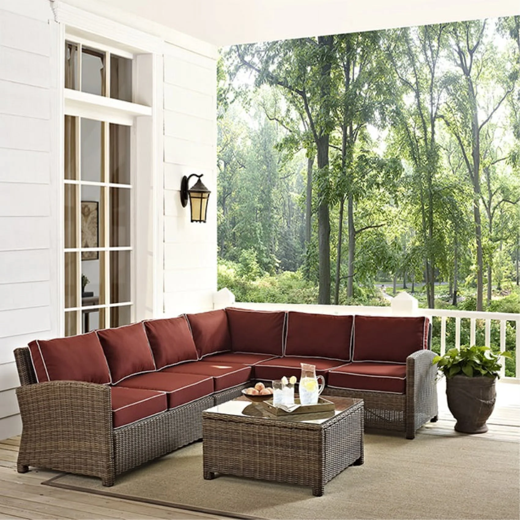 BRADENTON 5-PIECE OUTDOOR WICKER SEATING SET WITH SANGRIA CUSHIONS - RIGHT CORNER LOVESEAT, LEFT CORNER LOVESEAT, CORNER CHAIR, CENTER CHAIR, SECTIONAL GLASS TOP COFFEE TABLE