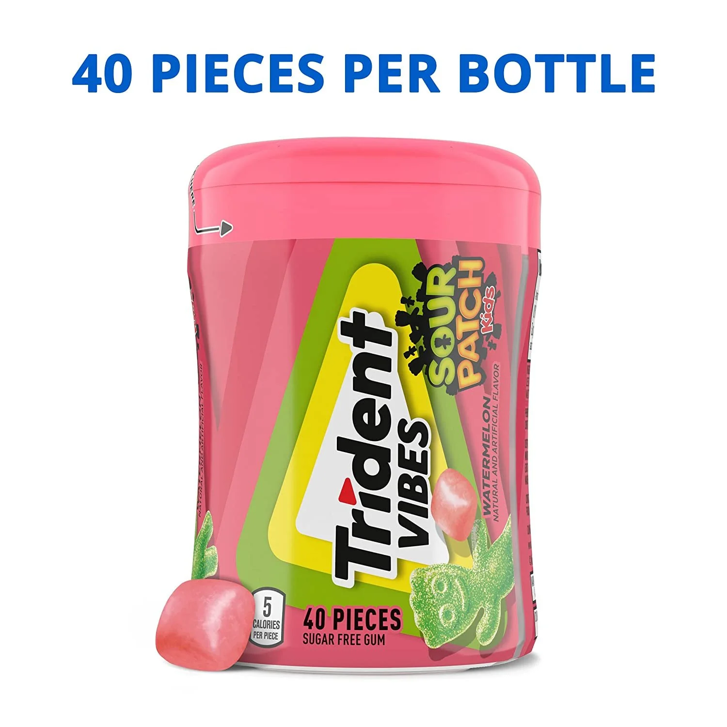 Trident Vibes SOUR PATCH KIDS Watermelon Sugar Free Gum, 4 Bottles of 40 Pieces 160 Total Pieces