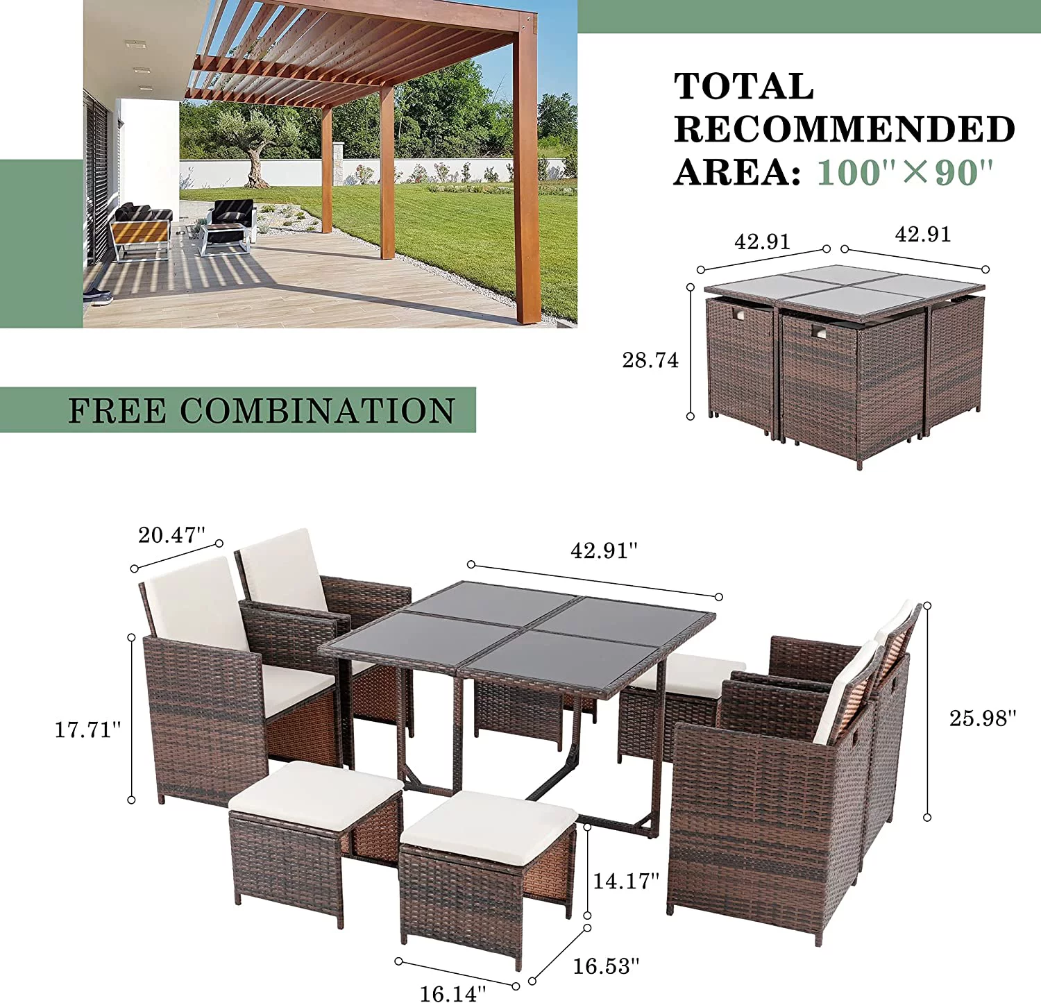 9 Piece Patio Dining Set Small Outdoor  Space Saving Wicker Dining sectional Conversation Set w/Glass Table and Cushioned Stackable Armrest Chairs for Lawn Deck Yard (Beige) Brown