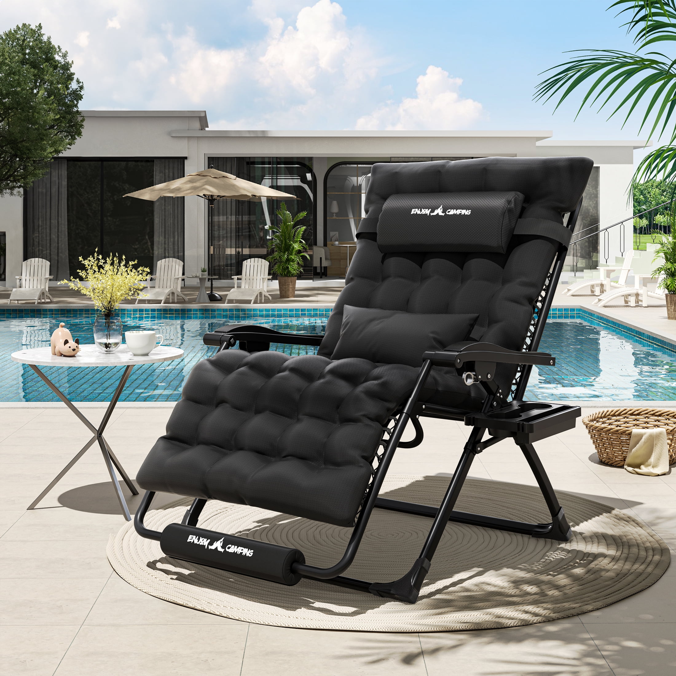 Techmilly Oversized Zero Gravity Chair Set of 1, 33In XL Portable Lawn Chair with Cushion,Support 500LB,Black