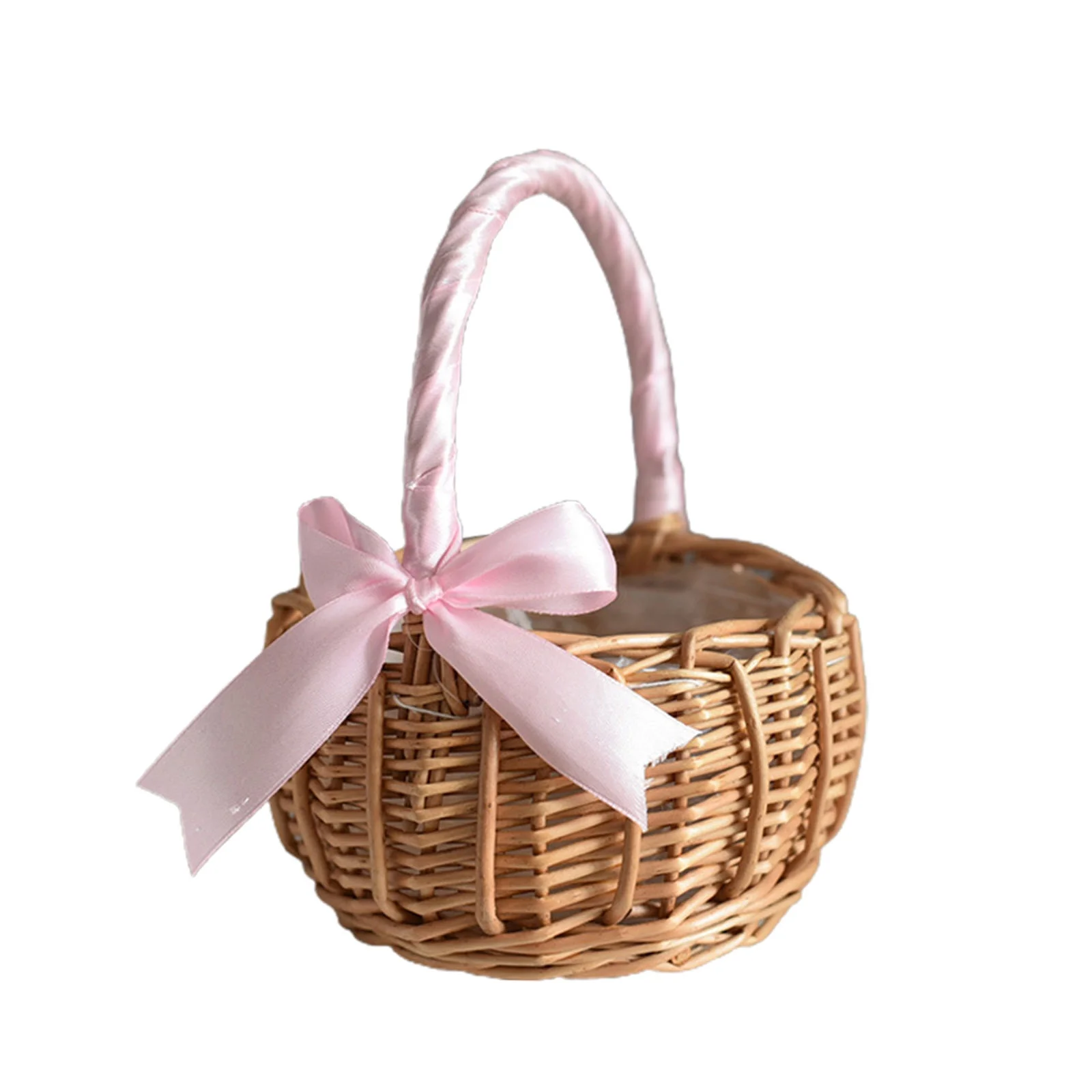 Hapeisy Bridal Bowknot Basket Wedding Flower Girl Portable Willow Handle Woven Home Decor Party