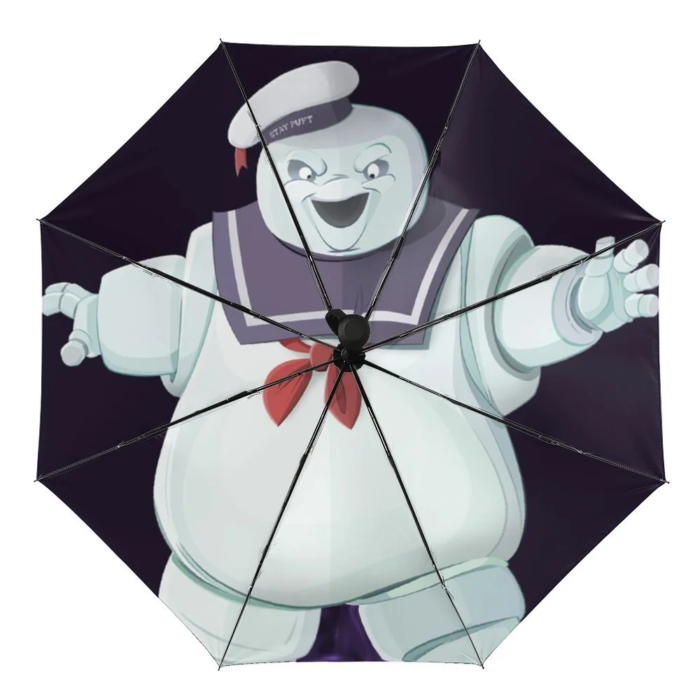 Ghostbusters Stay-Puft-Marshmallow Folding Umbrella Auto Umbrella Anti-UV Protection Lightweight Water-Resistant Portable Rain Umbrellas
