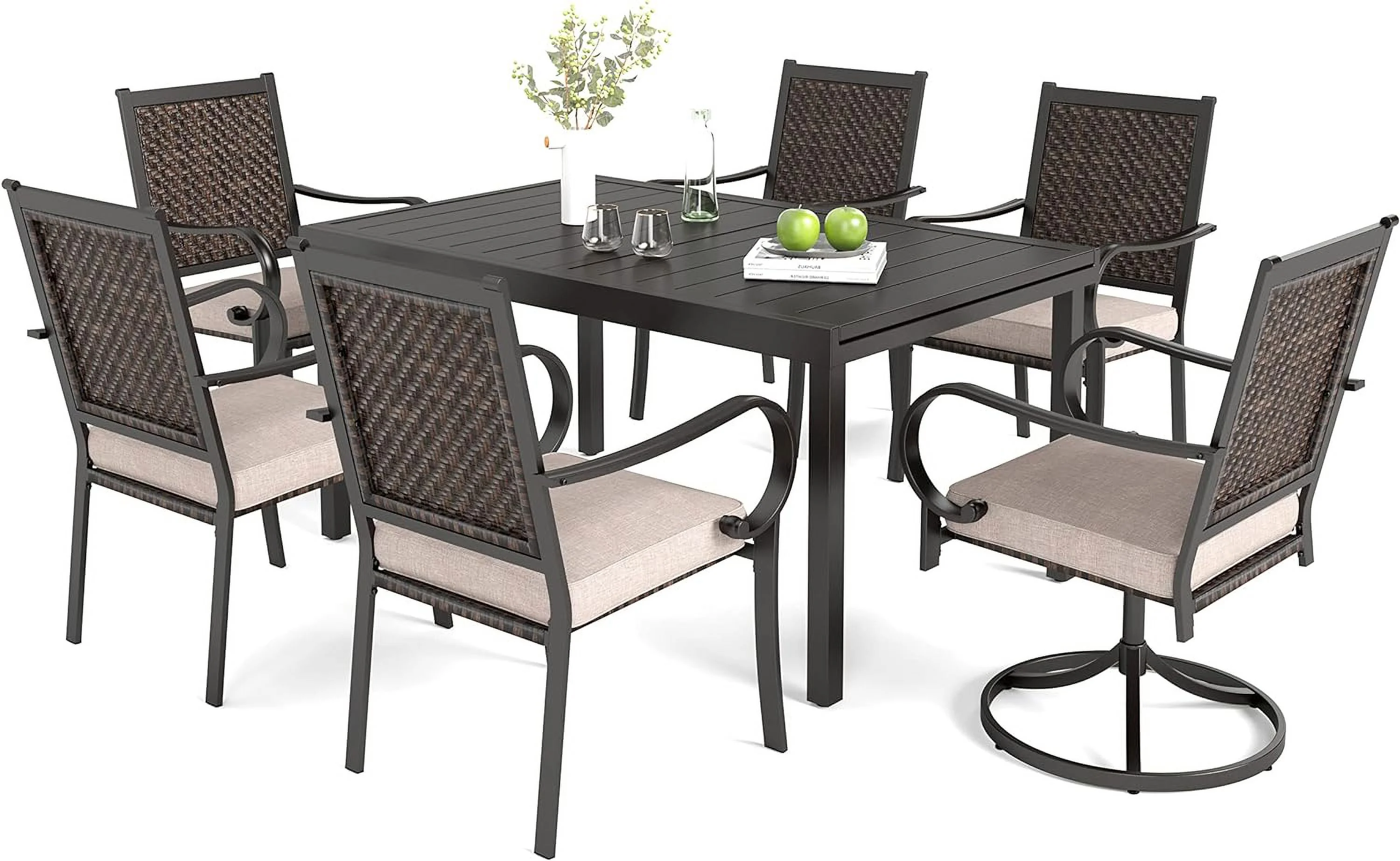 Outdoor Patio Dining Set 7 Pcs, Patio Dining Table Chairs Set, 6 Rattan Chairs(2 of Them Swivel) with Cushions and Expandable Table for Lawn, Garden, Yards, Poolside