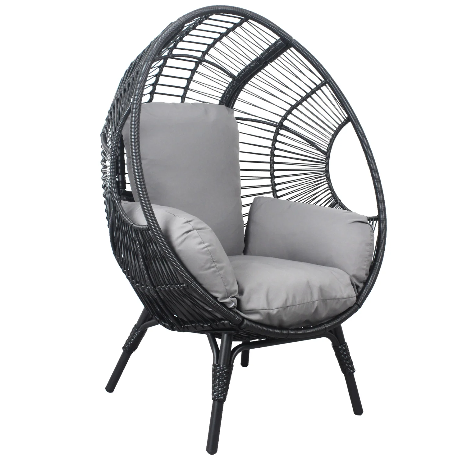 Stylish and Comfortable Black Color Rattan Patio PE Wicker Egg Chair Model 2 with Cozy Grey Cushion - Outdoor Furniture for Your Patio Setup  Perfect for Relaxing in Style