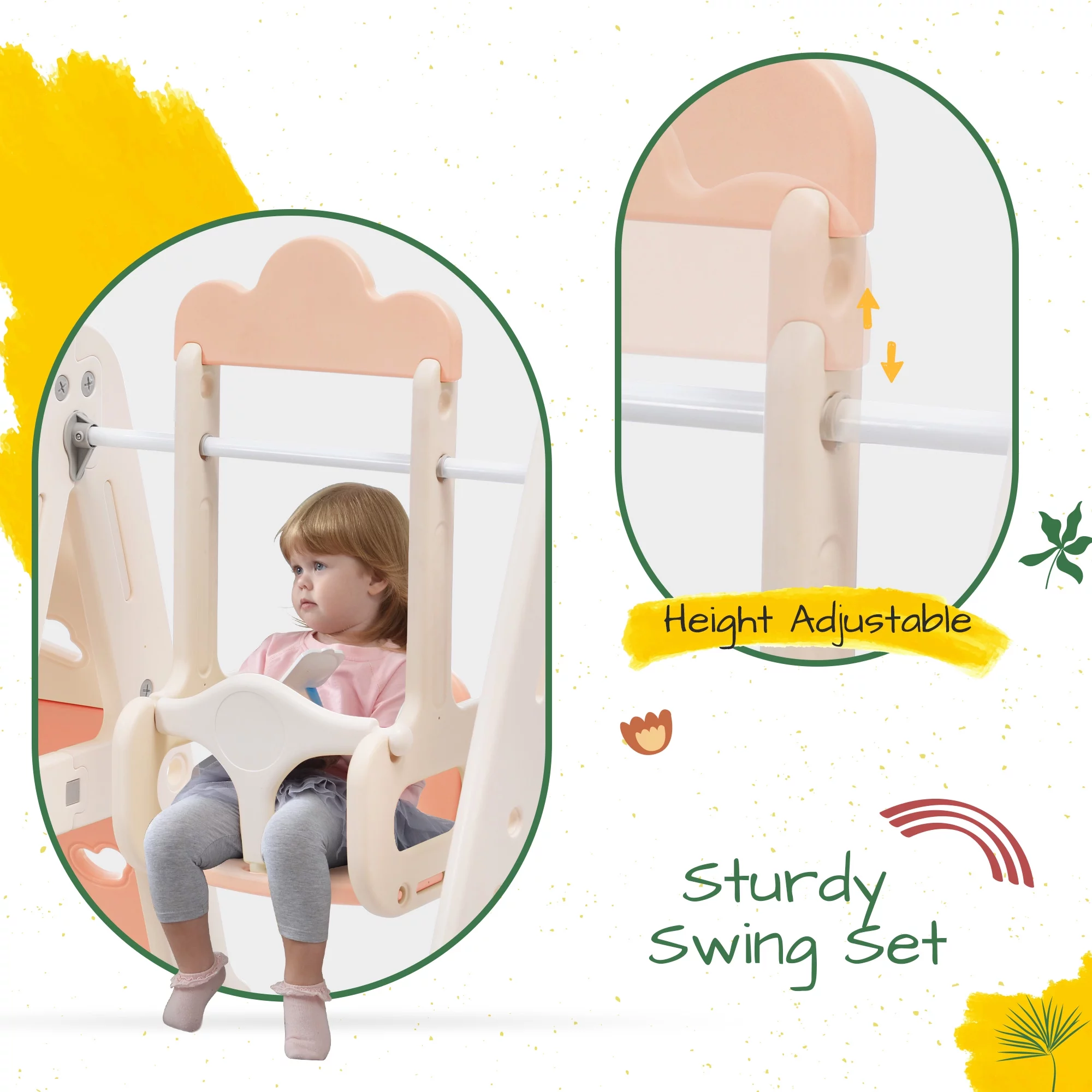 Swing Set 6 in 1 Swing with Tunnel Climber Whiteboard Block Base Basketball Hoop.